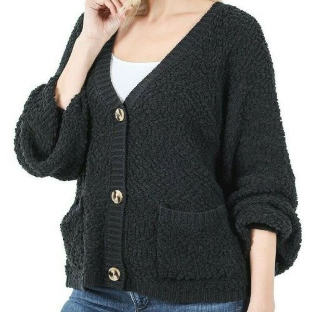 Zenana Cardigan Slouchy Sweater Pockets Button Down Popcorn Knit Black   L XL